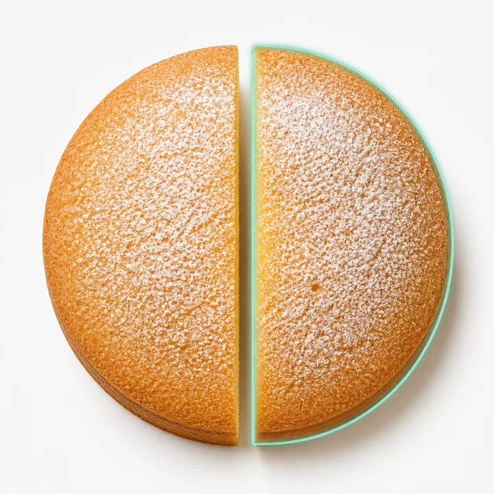 A round cake cut into two equal halves with one half highlighted